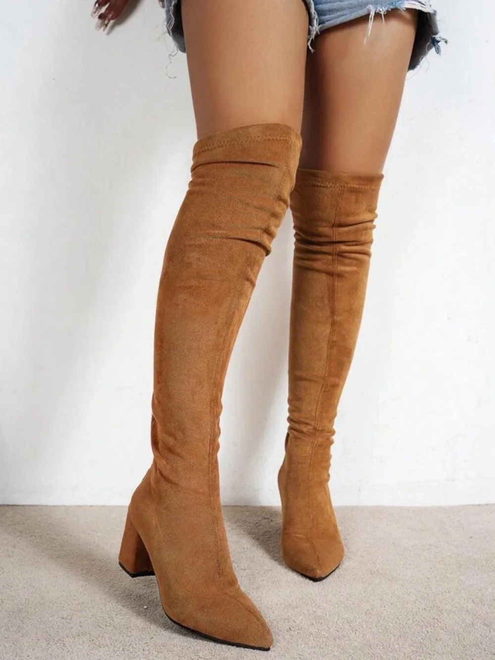 Tan Over-The-Knee Suede Boots – Chunky Heel Thigh High Boots - 9.5